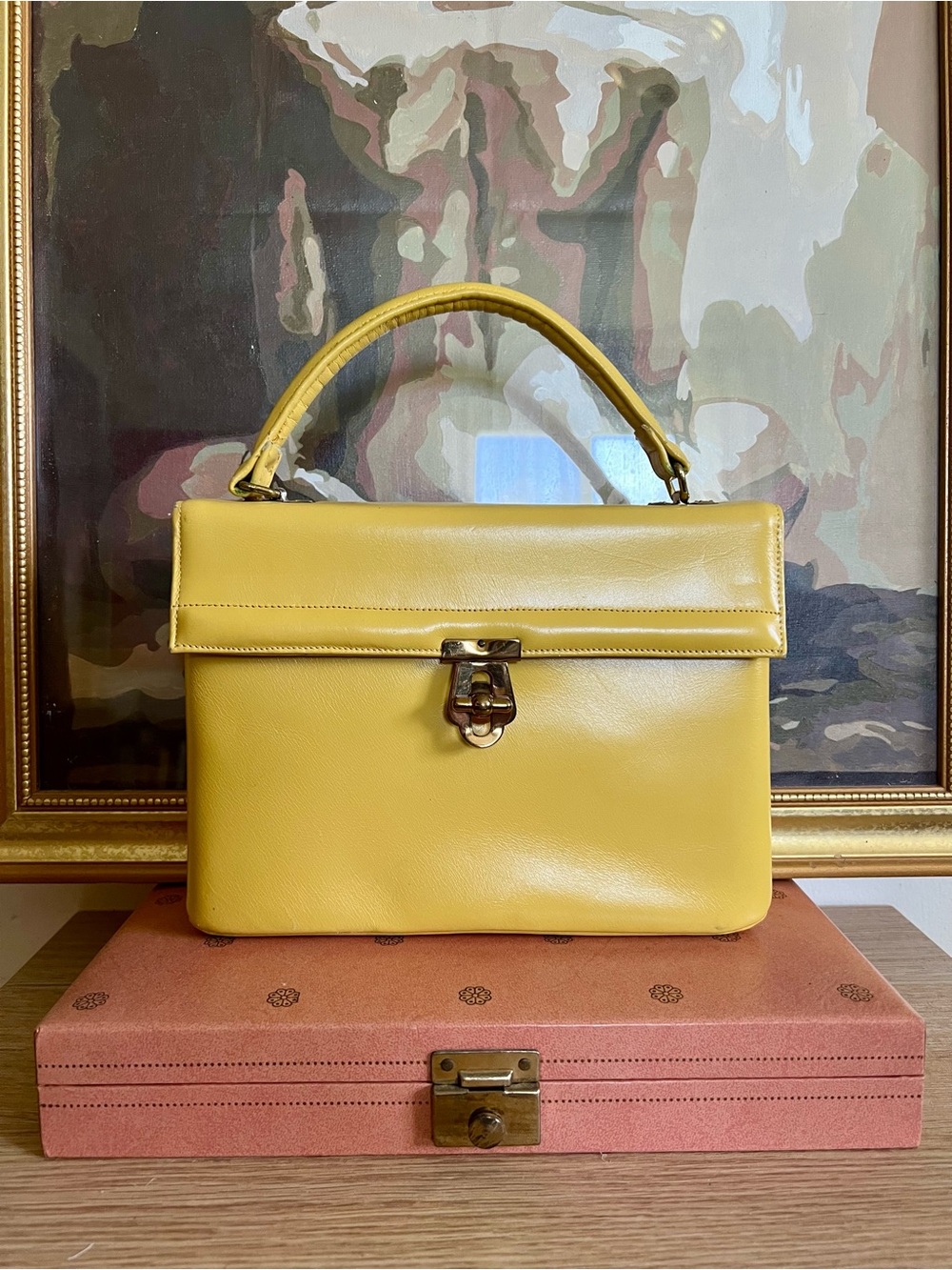 Vintage Yellow Leather Structured Mini Top-Handle Bag